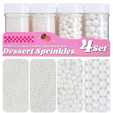 White Pearl Sprinkles for Cake Decorating, 11.3 Oz Edible Pearls Sugar 4 Sizes G