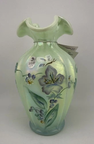 FENTON - D. GESSEL (HP) - HISTORICAL COLLECTION SEAFOAM GREEN BUTTERFLY VASE
