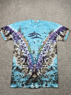 VTG Liquid Blue Ocean Shirt Large Tie Dye All Over Print Nature Dolphin 1990 New