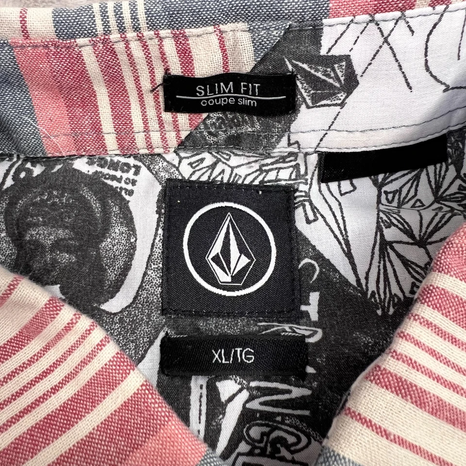 Volcom Shirt Mens XL Blue Red Striped Button Up Short Sleeve Woven Cotton Casual - Image 3 of 4