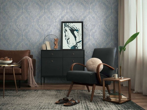 Barock-Vliestapete Mit Schimmernden Ornamenten Auf Sanfter Putzoptik – Blau, Gra-image