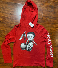 NWT- BETTY BOOP Cherry Sleeve Hit Red Woman's Light Weight Cotton Hoodie