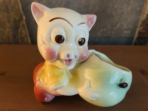 Shawnee Happy Pig Planter Hand-Painted Ceramic Green Apple 5.5 x 6 Vintage 1950s