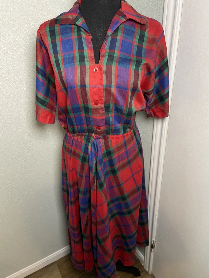 复古 50 年代 60 年代蓝色红色格子女式家居连衣裙迷笛纽扣 — 第 2/4 张图片