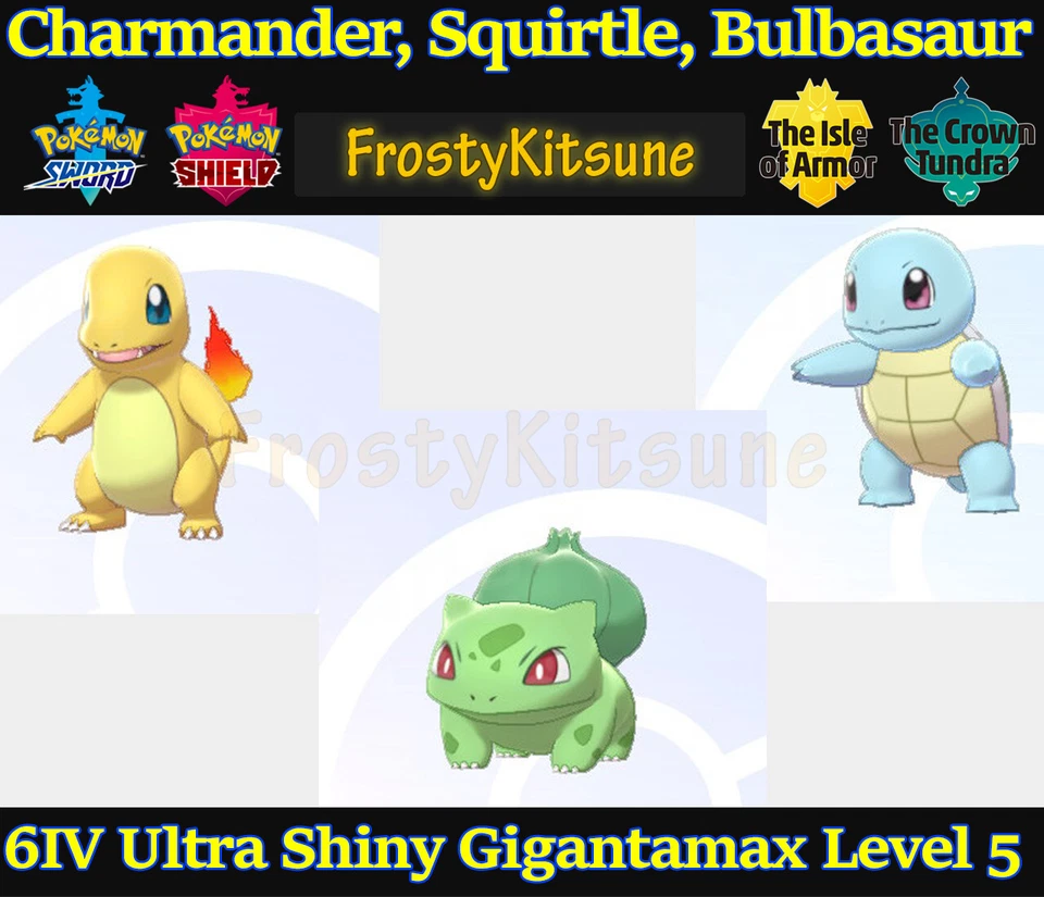 POKÉMON 6IV Ultra Shiny Charmander, Squirtle, Bulbasaur Gigantamax Pokemon Sword Shield
