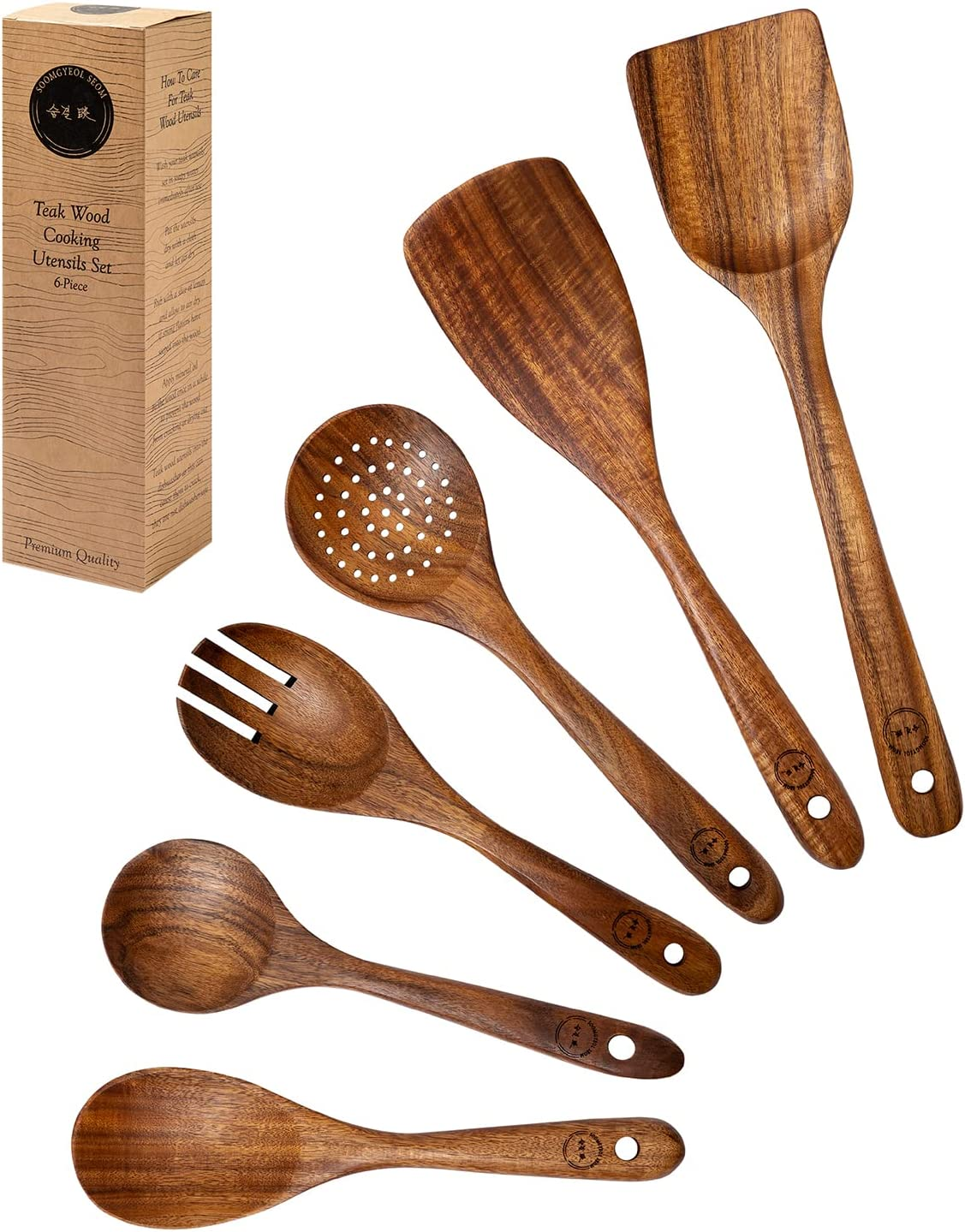 SOOMGYEOL SEOM Uncoated Premium Kitchen Utensils Set, 6-Piece Teak Wooden Cooking Utensils, Includes Non-Stick, Non-Scratching Wooden Spoons for