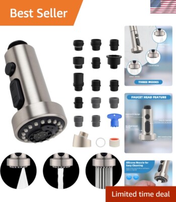 Universal Pull-Down Faucet Head Replacement with 3 Spray Modes & Brushed Nickel