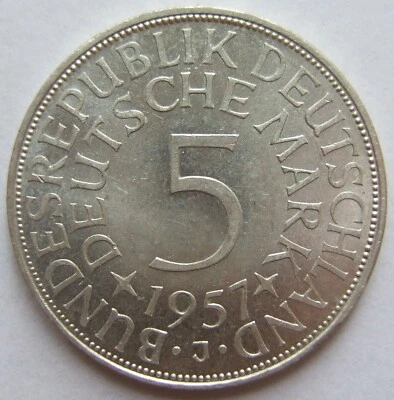 Münze BRD Silberadler 5 Deutsche Mark 1957 J in fast Stempelglanz - Bild 1 von 2