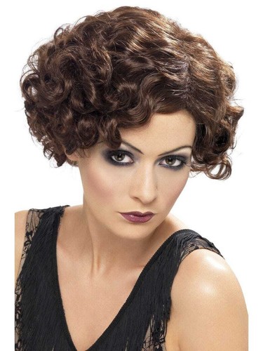 W543 1920s 20s 30s Flapper Wavy Brown Costume Wig Hair Gatsby Cabaret Burlesque - Picture 2 of 3