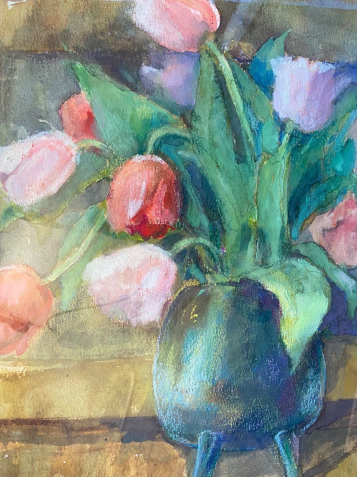:AQUARELL UNDEUTL. SIGN. 1989 BLUMENSTILLEBEN IN BLAUER VASE ROTE & WEIßE TULPEN - Bild 4 von 4
