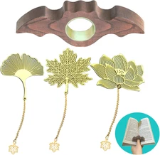 4 Pieces Bookmarks，Handmade Thumb Wooden Walnut Book Page Holder with Golden Rin