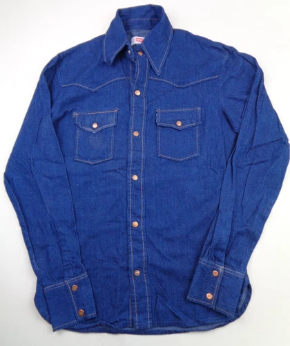 Vintage Levis Denim Shirt Blue Snap Western Cowboy White Tab UK Size Small 1970s
