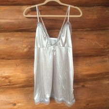 Silver Metallic Coquette Y2K Satin Slip Babydoll Dress Size Medium 