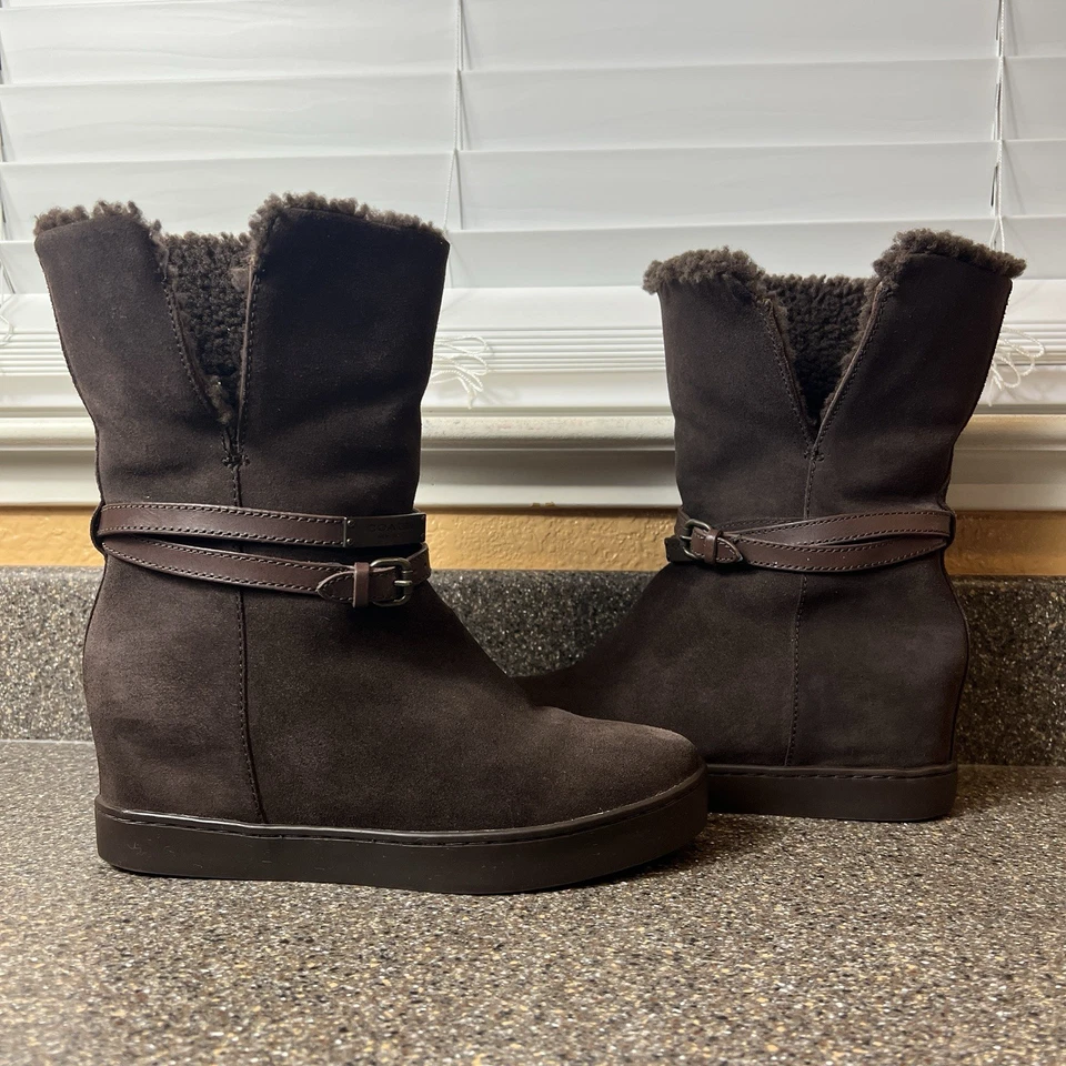Botas de gamuza Coach Norell para mujer talla 7,5B cuña oculta marrón forro Sherpa Foto 4 de 4