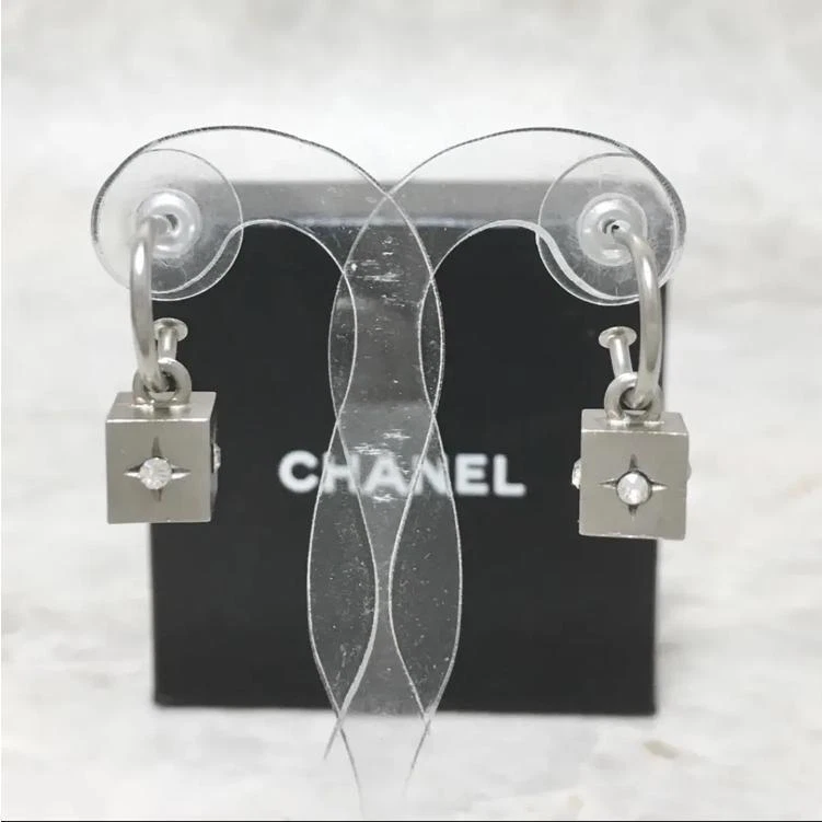 Chanel Earrings Jewelry Coco Mark Logo Hoop Dice Rhinestone Silver Plated  Ladies