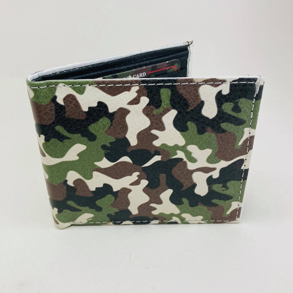 Men's Bi-fold Leather Wallet Green Camouflage Print Design in Gift