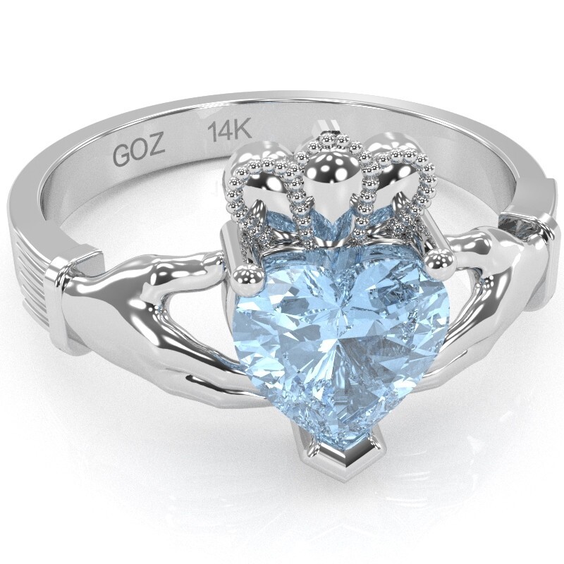 Claddagh Aquamarine Ring In Solid 14k White Gold