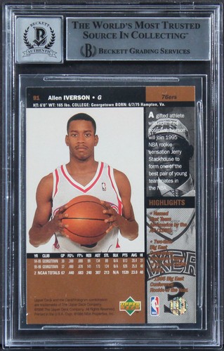 76ers Allen Iverson Signed 1996 Upper Deck #91 Rookie Card Auto 10! BAS Slabbed - Picture 2 of 2