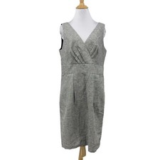 Ann Taylor Loft Dress Women 10 Gray Metallic Linen Blend Surplice Pleated Sheath