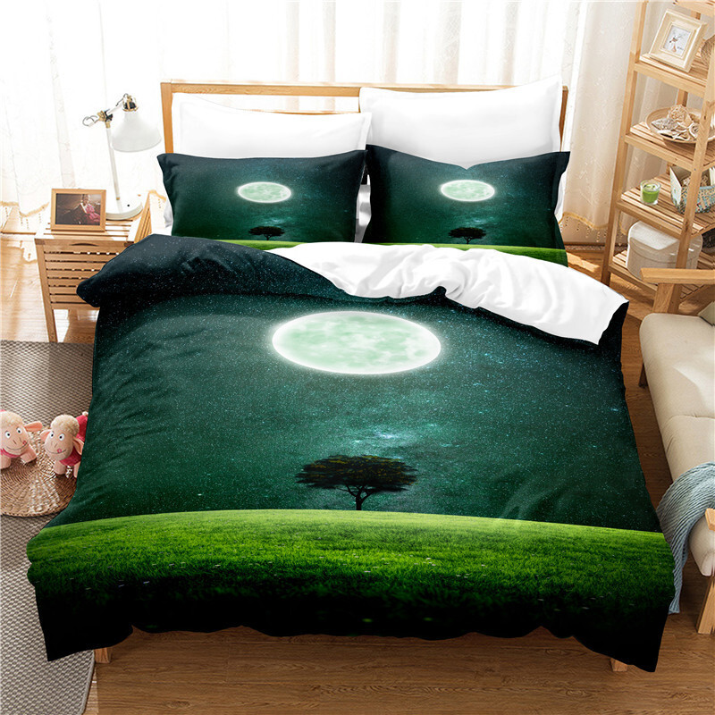 Full Moon Quiet Night Sky Quilt Cover Pillowcase Color Queen Comfort Bedding Set