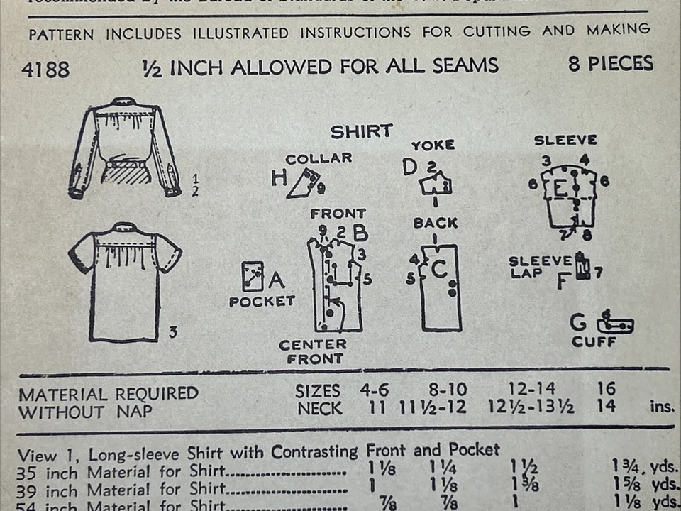 Vintage 1940s Advance Pattern 4188 Boys Shirt Size 12-14 Neck 12-1/2 -13-1/2 AP3 - Image 3 of 4