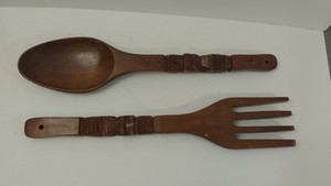 Vintage Large Wooden Spoon and Fork Wall Decor Hanging Decoration