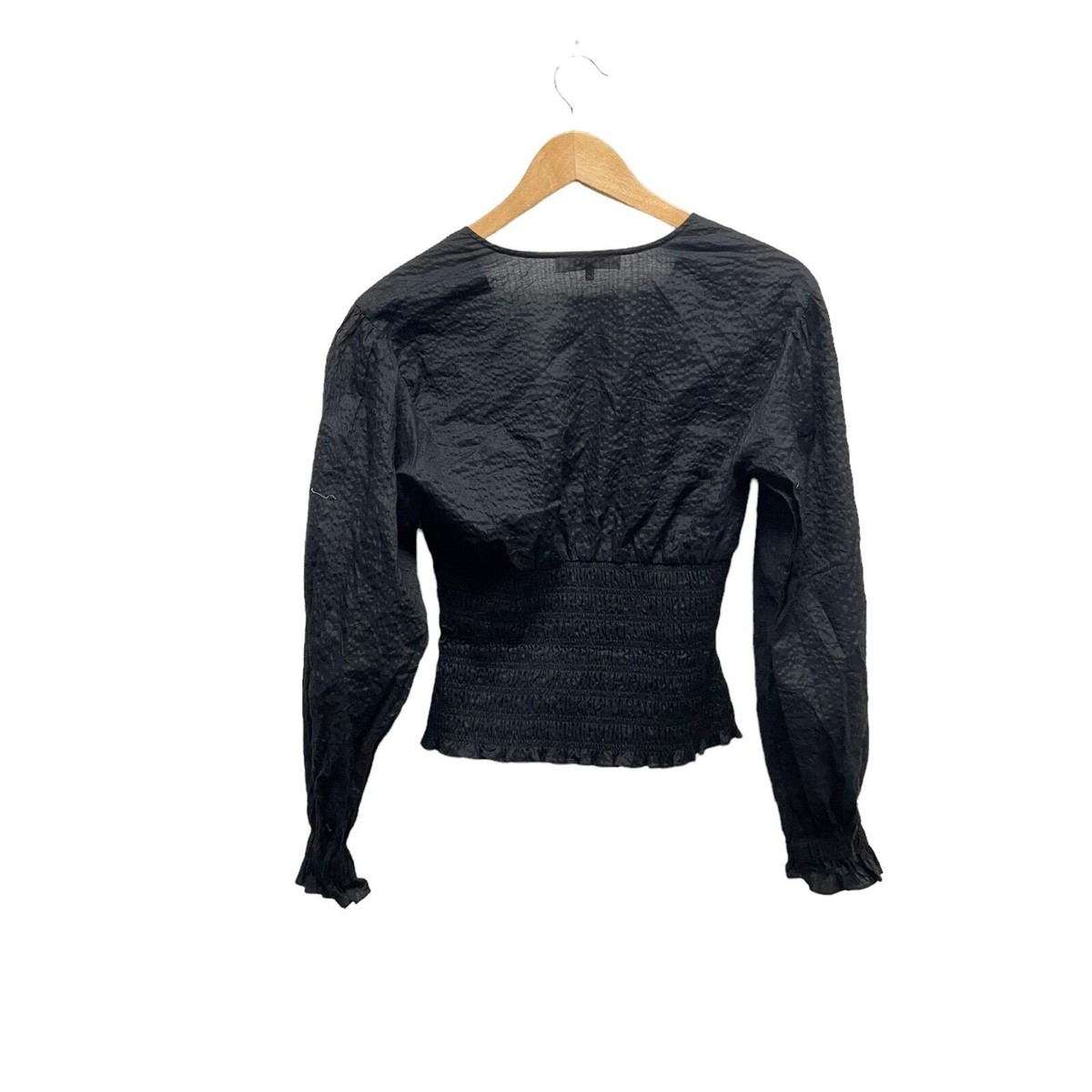 Frame Women's V-Neck Smocked Top Balloon Sleeves in Black