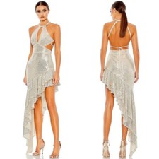 Ieena for Mac Duggal sequined halter cut out ruffle Asymmetrical dress in nude 2