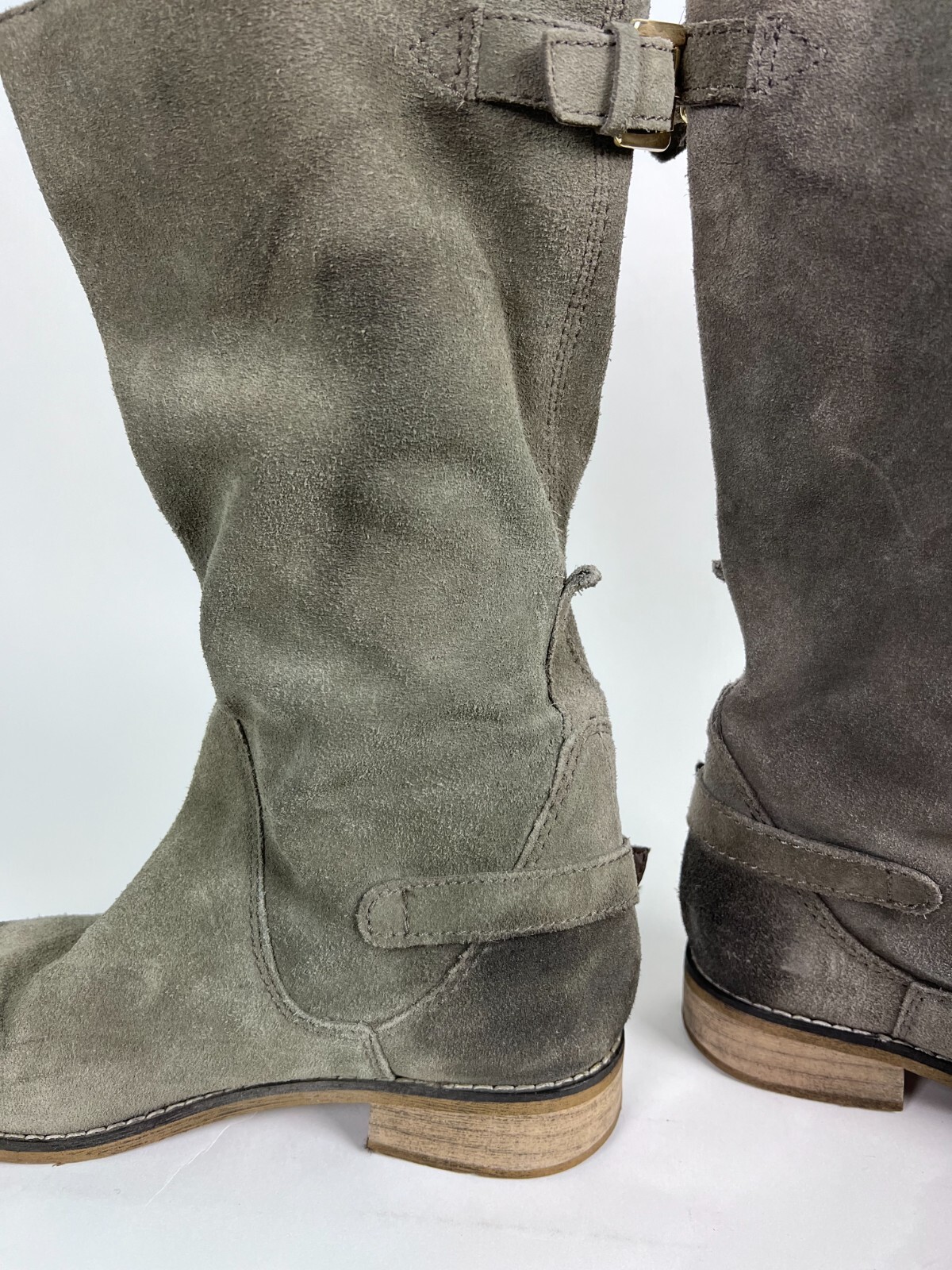 Kelsi Dagger Tassie Gray Leather Mid-Calf Round Toe Belted Riding Boots Size 8 image 9