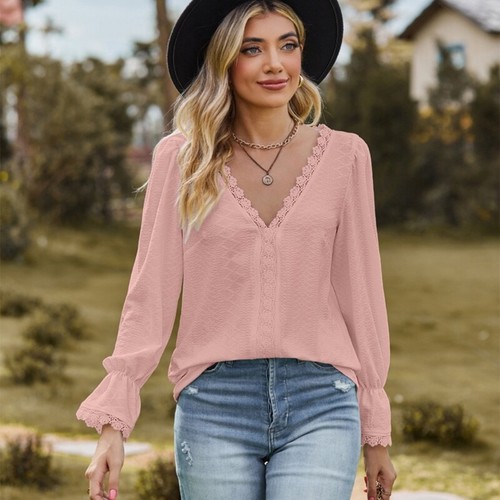 Women Flare Long Sleeve Loose Shirt Lace Crochet V-Neck Jacquard Tunics Blouse - Picture 6 of 38
