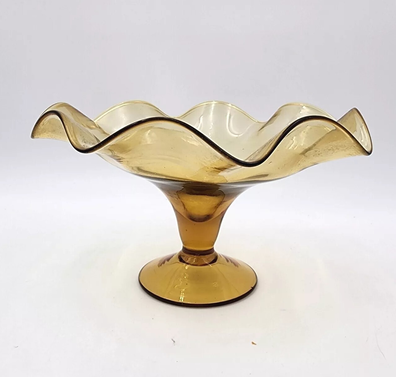 Vintage Hand-Blown Florentine Glass Ruffle Pedestal Bowl 9 Inch Italy