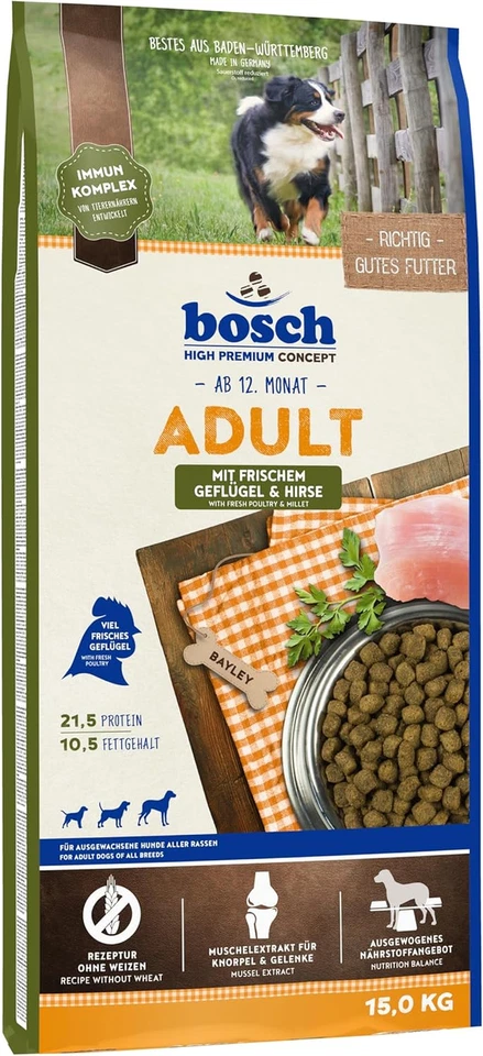 Bosch HPC Adult Trockenfutter mit Geflügel & Hirse–Für ausgewachsene Hunde,15 kg
