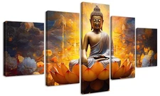 Gold Buddha Wall Art for Living Room Large 5 Piece Zen Photo Picture HD Canva...
