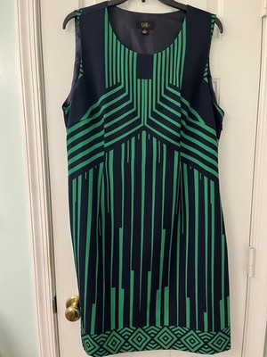 ILE New York 16 Sleeveless Dress Navy & Green Geometric Pattern, Washable