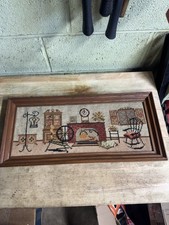 Vintage Completed Framed Needlepoint Cat Sleeping by the by Fireplace Cottage