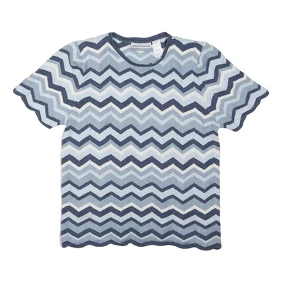 ALFRED DUNNER Femme Haut à Manche Courte Bleu Imprimé Motif Chevron Col Rond - Photo 1/4