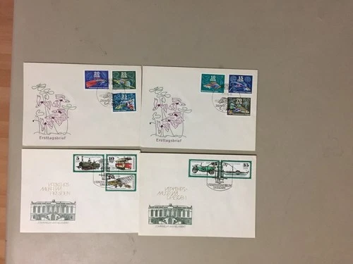 Four Germany fdc w/multiple stamps-two sets-FISH,TRANSPORTATION