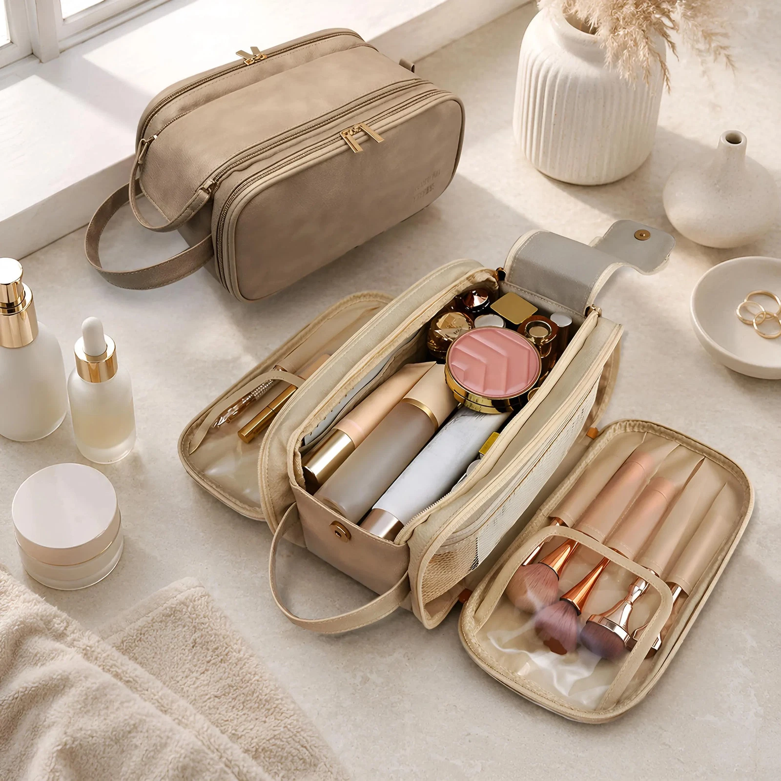 Large PU Leather Makeup Bag, Waterproof Travel Cosmetic Organizer, Dual Zipper
Opens in a new window