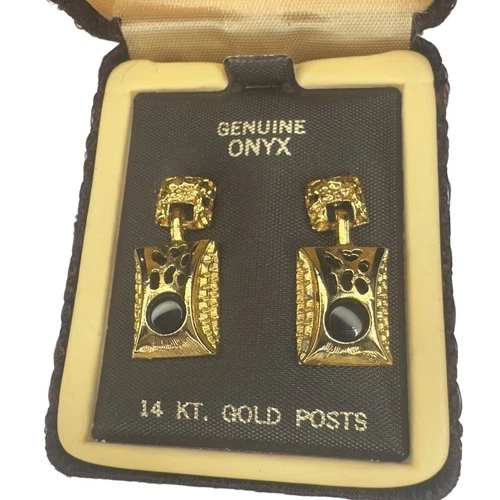 VTG 14kt Gold Blk Onyx Earrings Art Deco Style NEWi n Original Jewelry Box