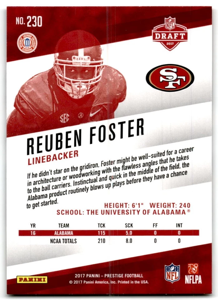 2017 Panini Prestige #230 Reuben Foster San Francisco 49ers Rookie - Image 2 of 2
