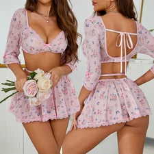 Women Lingerie Set Lace Floral Half Sleeved Sexy Top and Skirt Chemise Sleepwear