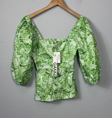 NEW GANNI Corset Puffy Sleeve Rose Print 100% Cotton Green Blouse Square Neck