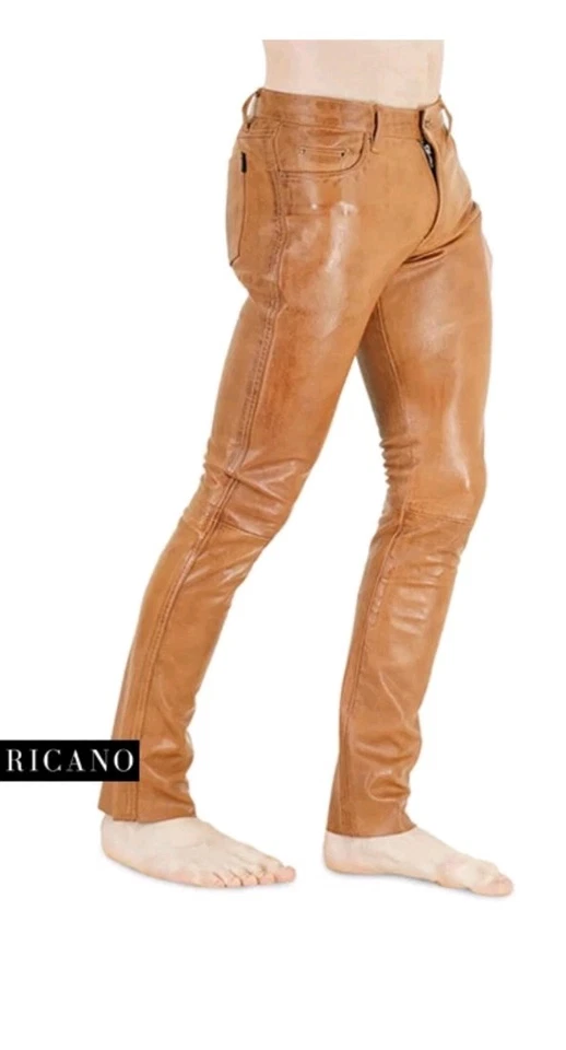 RICANO Cognac Braun Slim Fit Lamm  Lederhose ,Herren Lederjeans Tube Röhre.NEU  - Bild 2 von 4