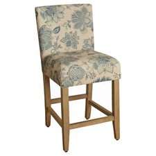 24" Counter Height Barstool Indigo - HomePop: Upholstered Floral Pattern,