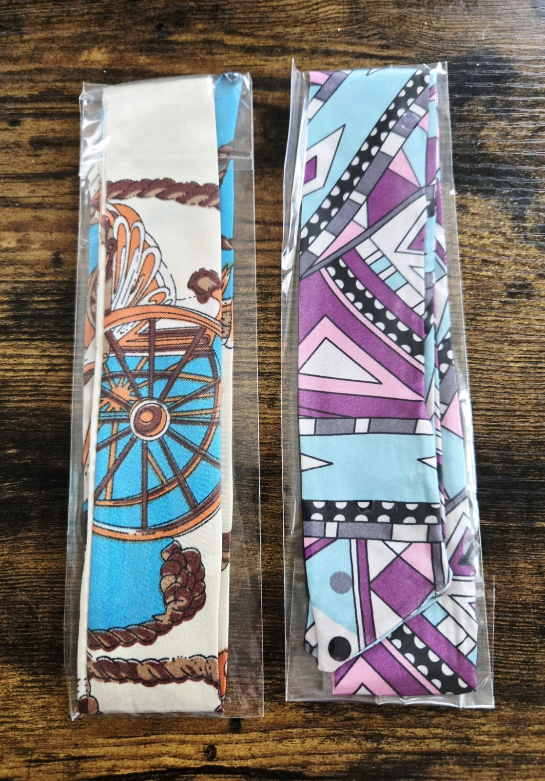 2 Geometric Print Satin Handbag Scarves bag handle wrap, neck scarf 32 x 1.5 in