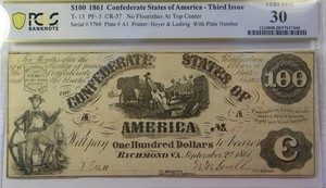 1861 Confederate States of America 100 Dollar Note T-13 PCGS 30 Very Fine