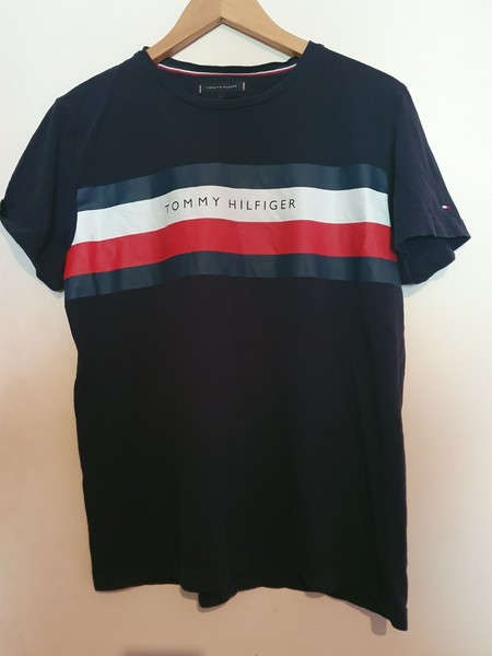 Tommy Hilfiger Black T-Shirt Size L Cotton Shirt Red And White Stripe