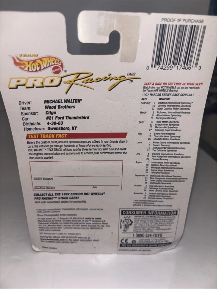 Michael Waltrip #21 Citgo Test Car Ford Thunderbird 1997Hot Wheels Racing 1/64 — 第 2/2 张图片