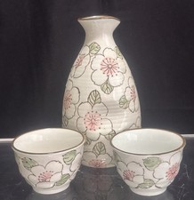 Japanese Ceramic Sake Set/3 Hand Painted Cherry Blossom Motif Serving Rice Wine