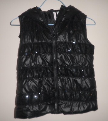 Heart-n-Crush Black Sequin Puffy Insulated Vest with Hood- Size M (8-10)
